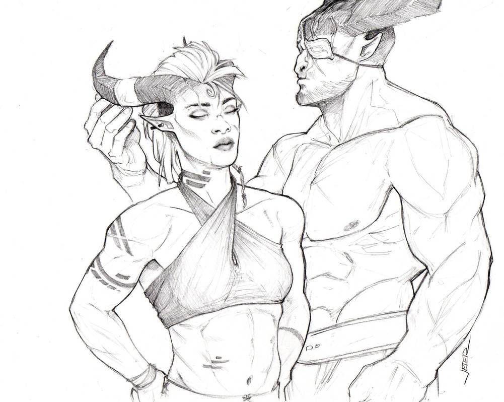 A Gentle Touch - Dragon ball, Iron Bull, Inquisitor, Qunari, Drawing