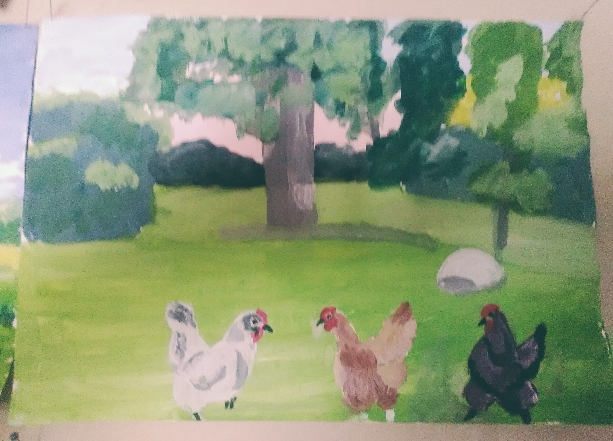 Chicken teaches Lezginka to her girlfriends (paper, gouache) - My, Art, Drawing, Paper, Gouache