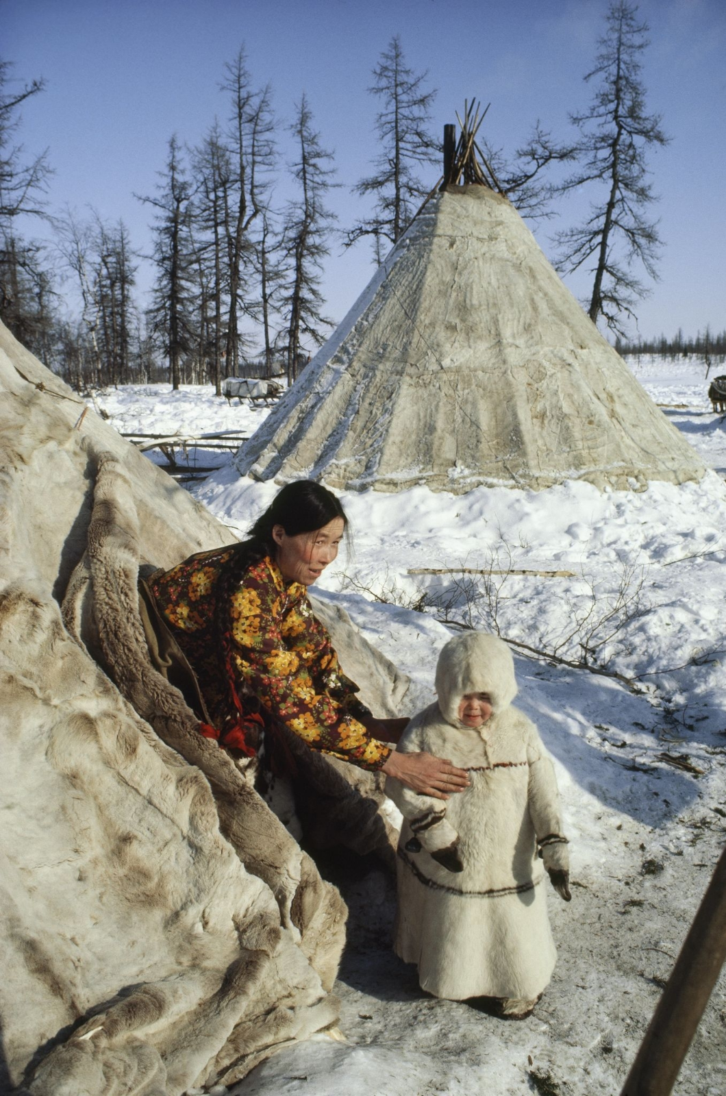 1980. Neighborhoods of Salekhard. A child leaves the reindeer herders' yurt - 1980, Yurt, Salekhard, Children