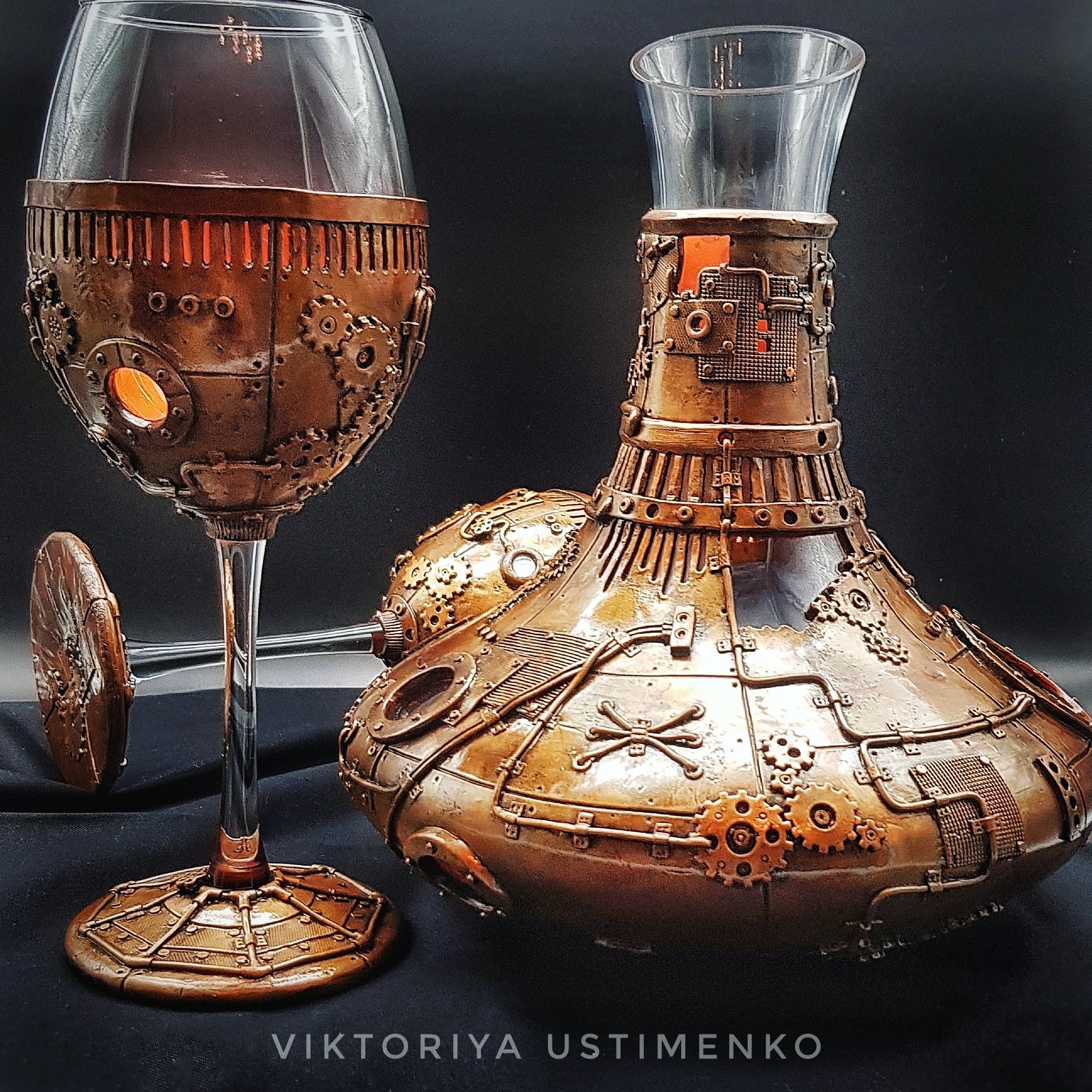 Decanter+glasses - My, Polymer clay, Steampunk, Needlework without process, Creation, Carafe, Video, Longpost