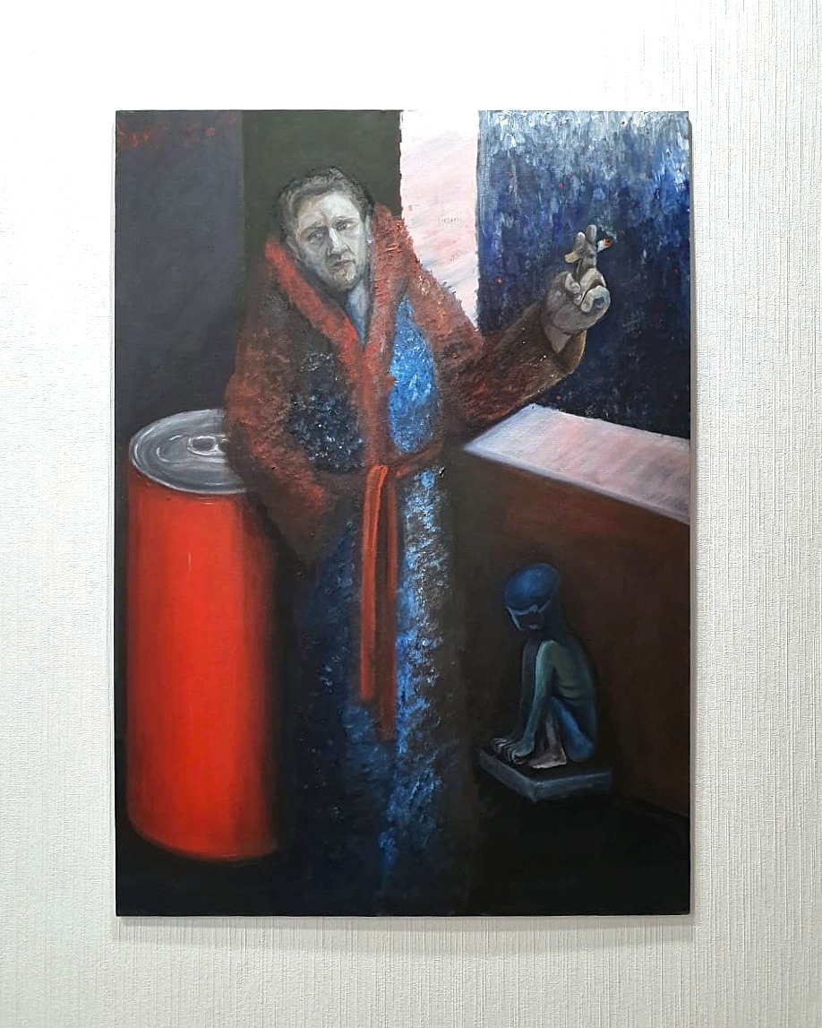 Portrait of a husband, a jar and a creature - My, Oil paints, Oil painting, Surrealism, Longpost