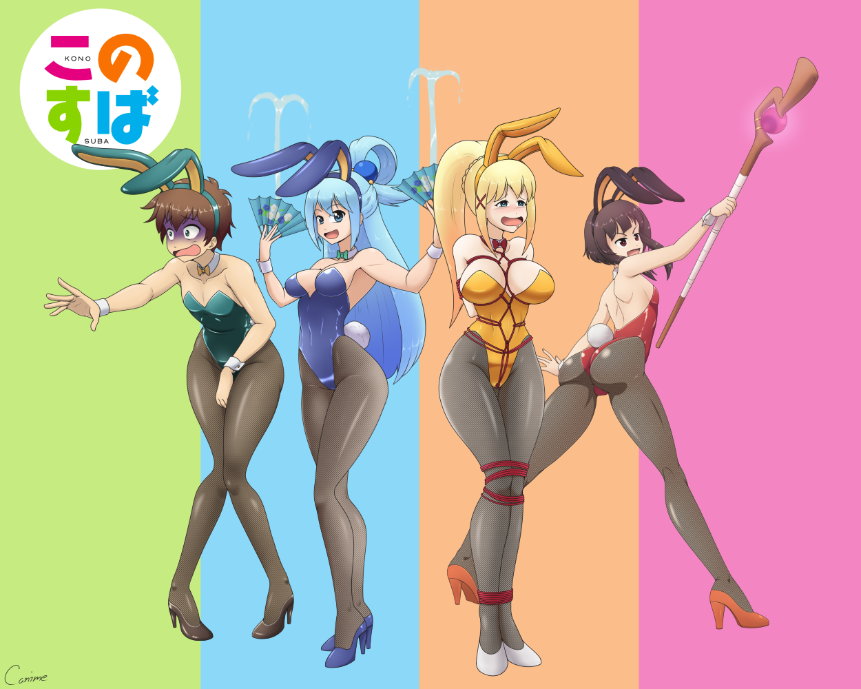 Konosuba Bunny Group - NSFW, Аниме, Konosuba, Satou Kazuma, Aqua, Darkness, Megumin, Anime Art, Длиннопост, Bunnysuit