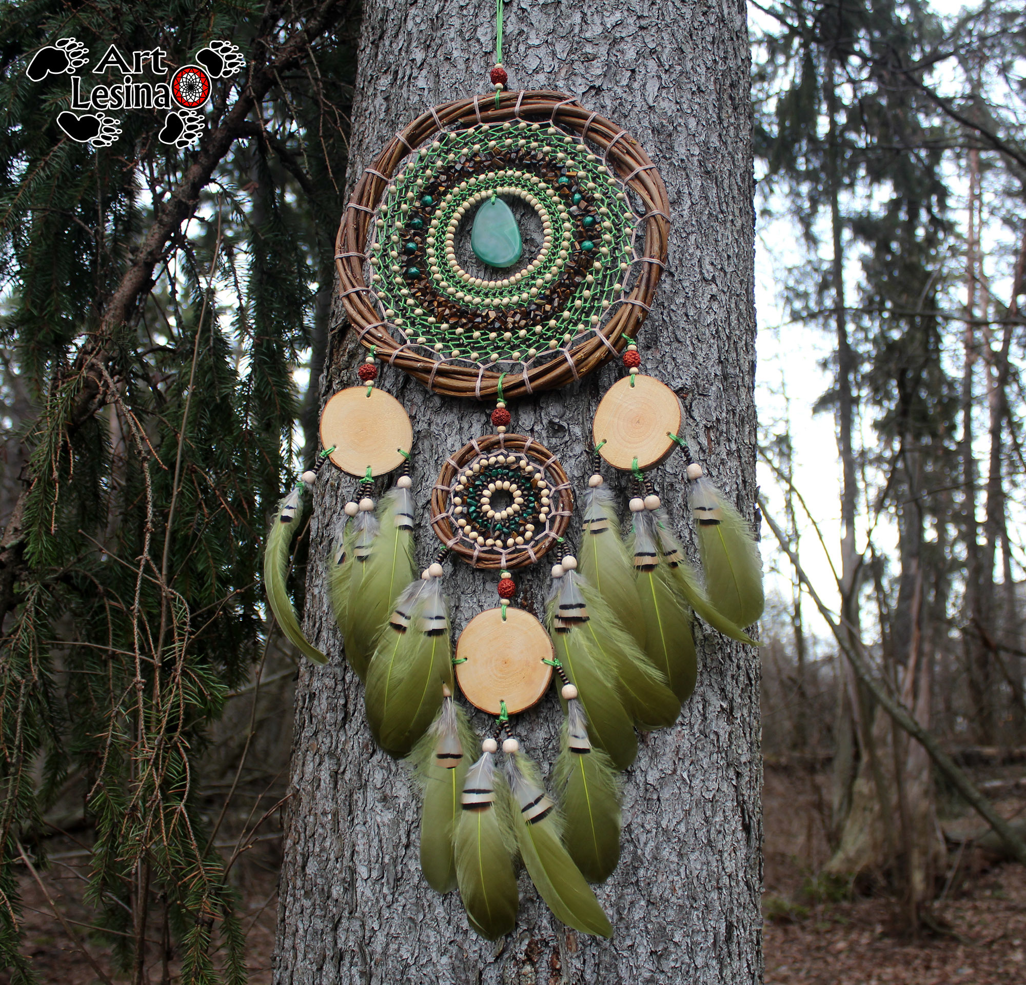 Dream catcher with natural malachite and tiger's eye - My, Dreamcatcher, Needlework, Needlework without process, Malachite, Tiger's Eye, Longpost