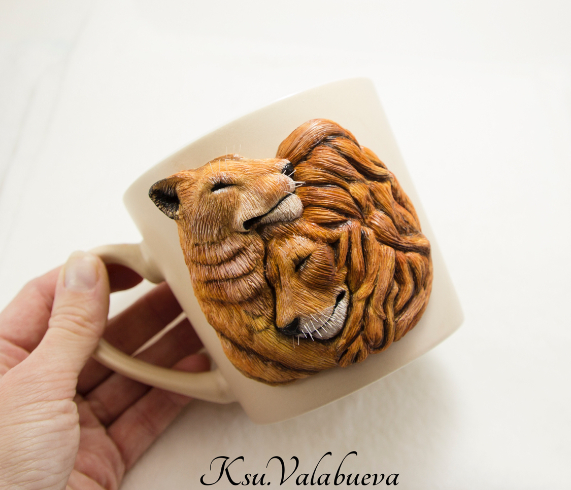 Decor on the mug “Lion Pair” - My, Polymer clay, Кружки, Handmade, a lion, Needlework without process, Video, Longpost