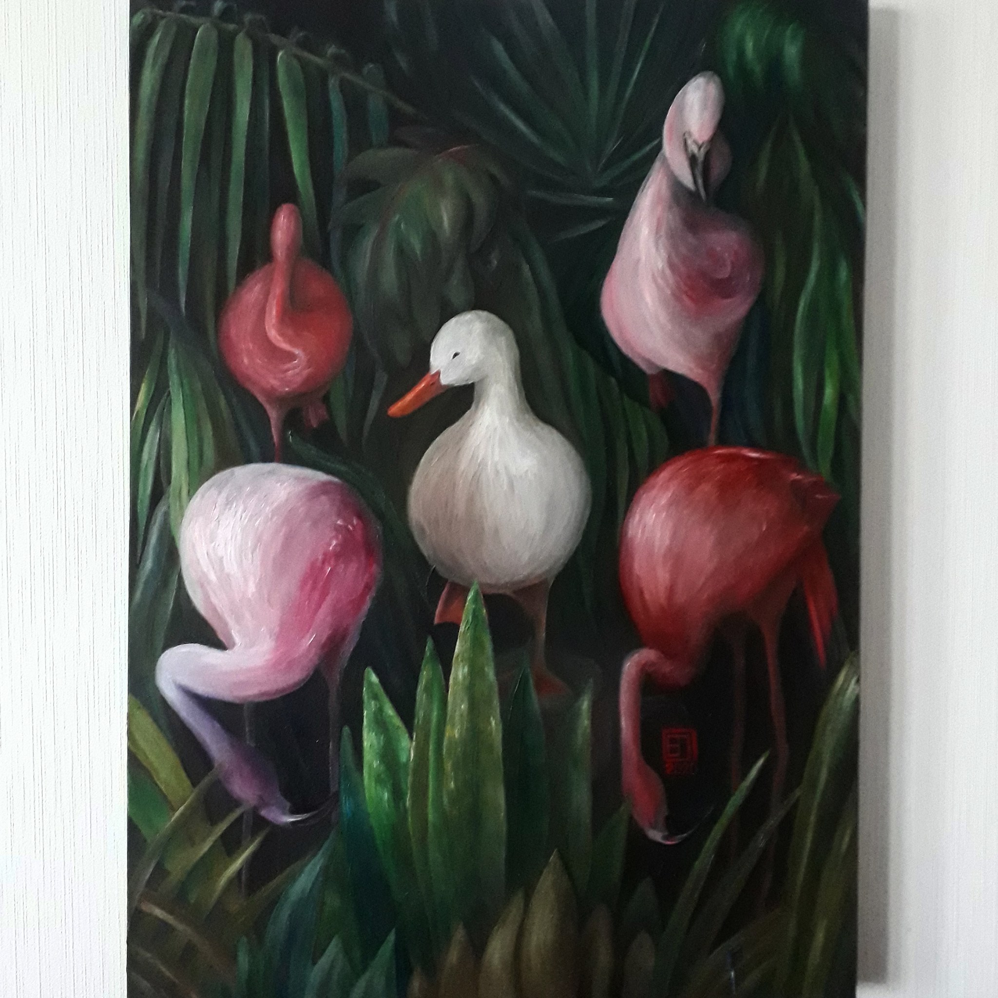 Decoy duck - My, Oil painting, Duck, Flamingo, Painting