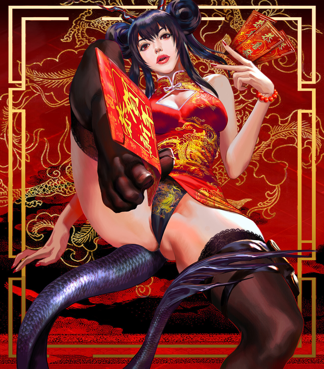 celebration - NSFW, Art, Girls, Erotic, Chinese New Year, Wu Shuang, Longpost, Underwear