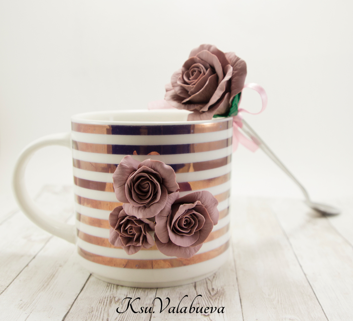 Antique Rose made of clay - My, Polymer clay, the Rose, Кружки, Decor, With your own hands, Handmade, Longpost, Needlework without process