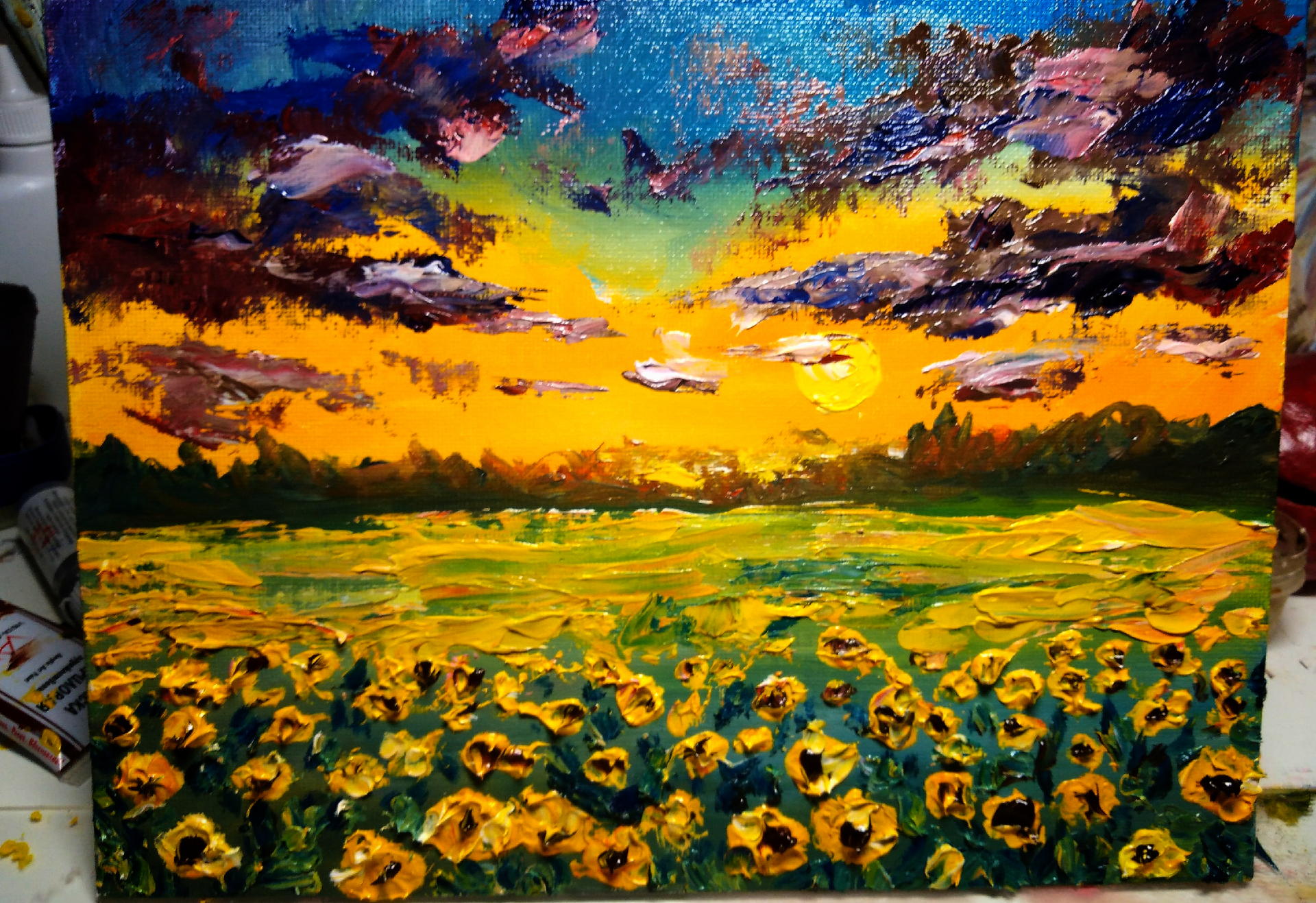 Field of sunflowers - My, Oil painting, Art, Painting