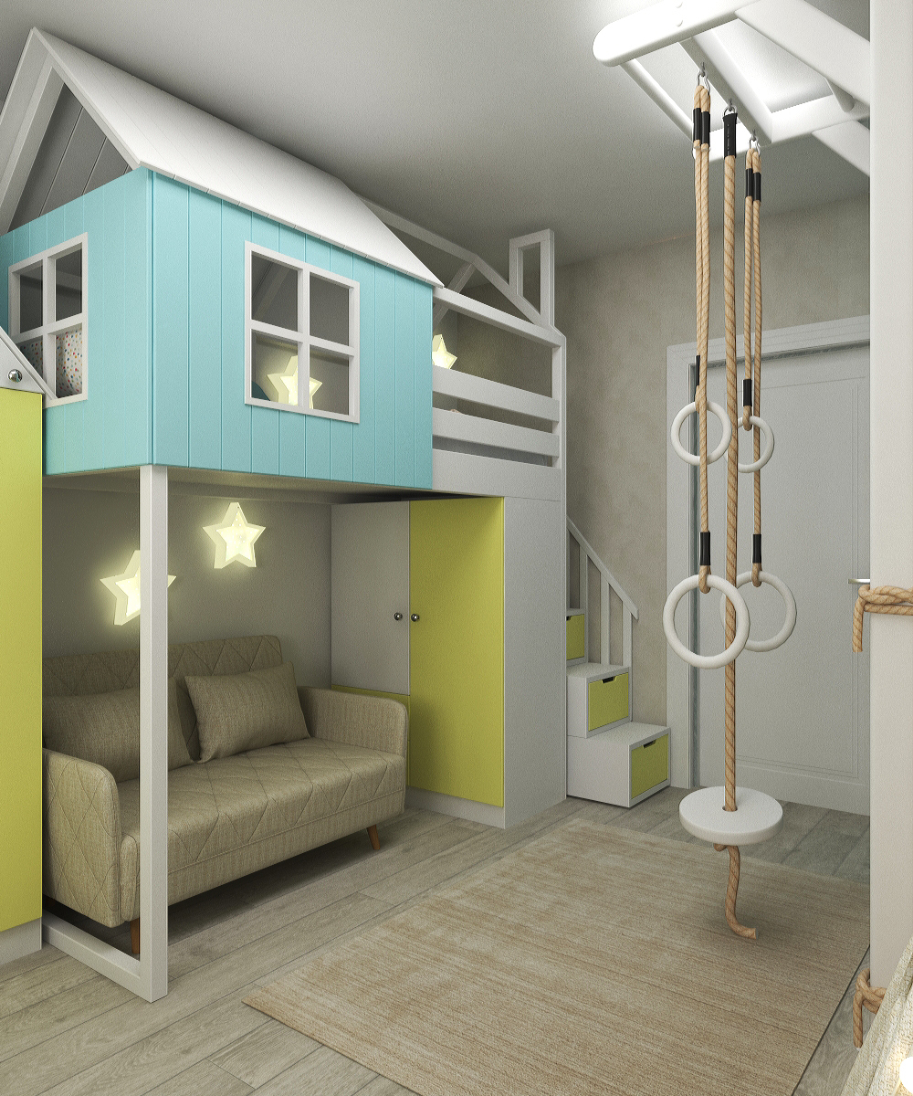 Дизайн детской спальни для девочки — интерьер с пестрым оформлением стен и большой игровой зоной