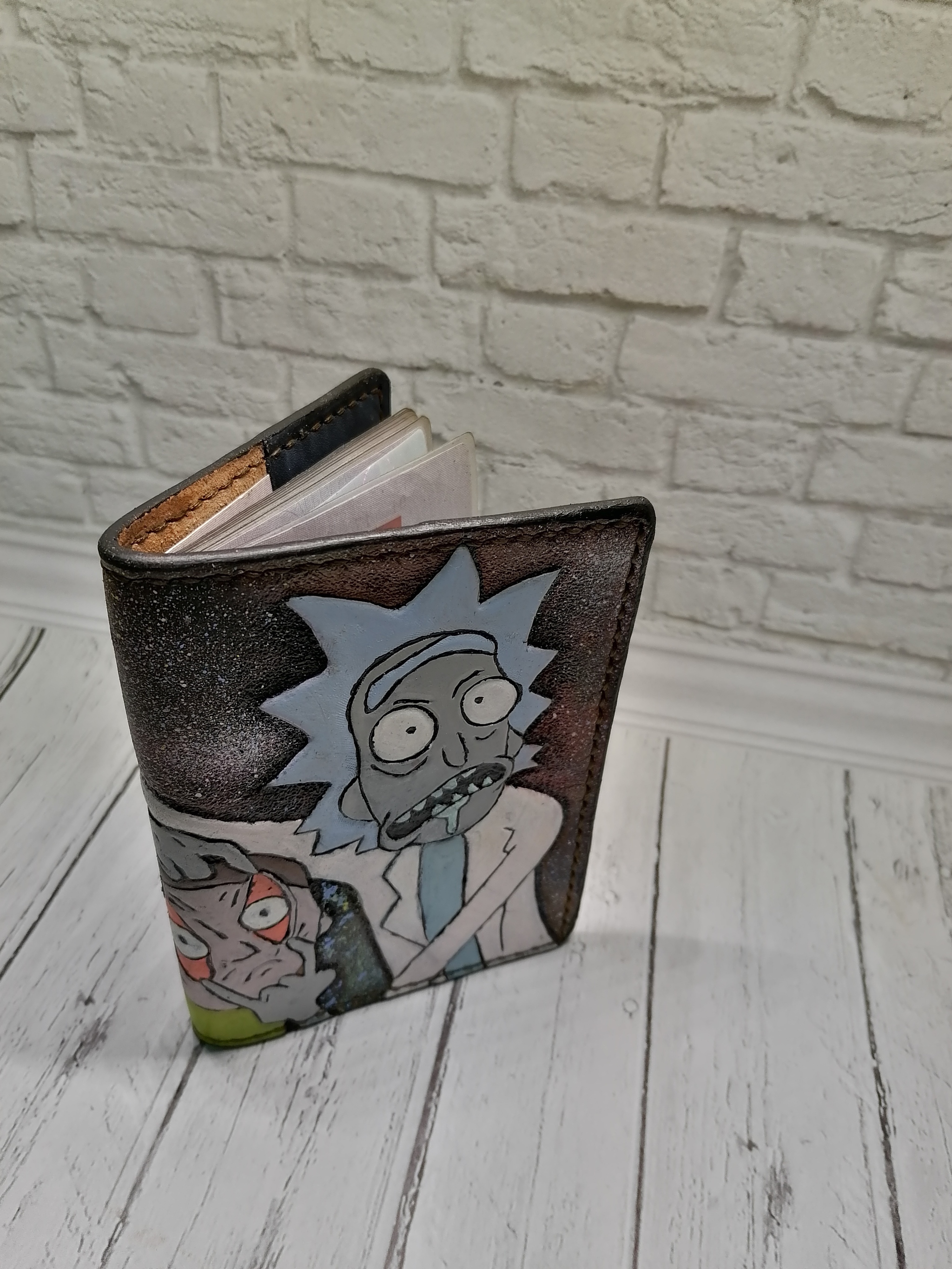 Vegetable tanned leather passport cover with Rick and Morty embossing - My, Leather, Embossing on leather, Cover, Longpost