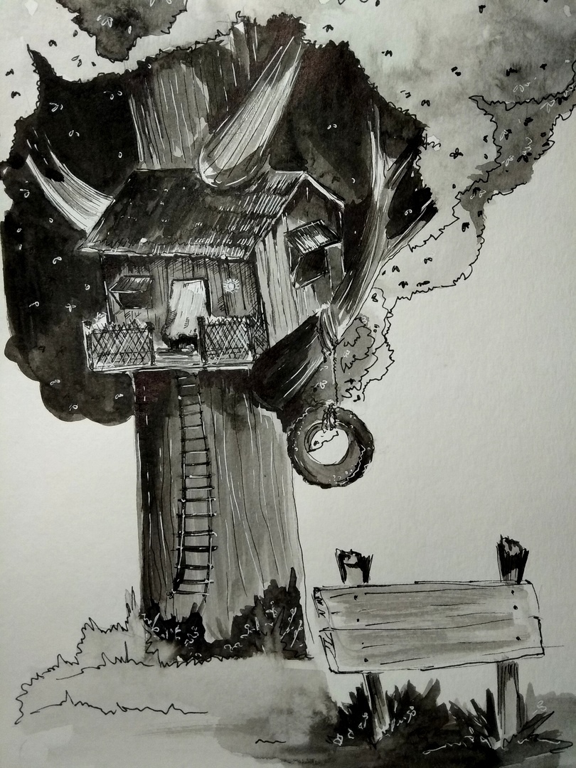 A house on a tree - My, Mascara, Tree house, Black and white, Art, Drawing, Tree