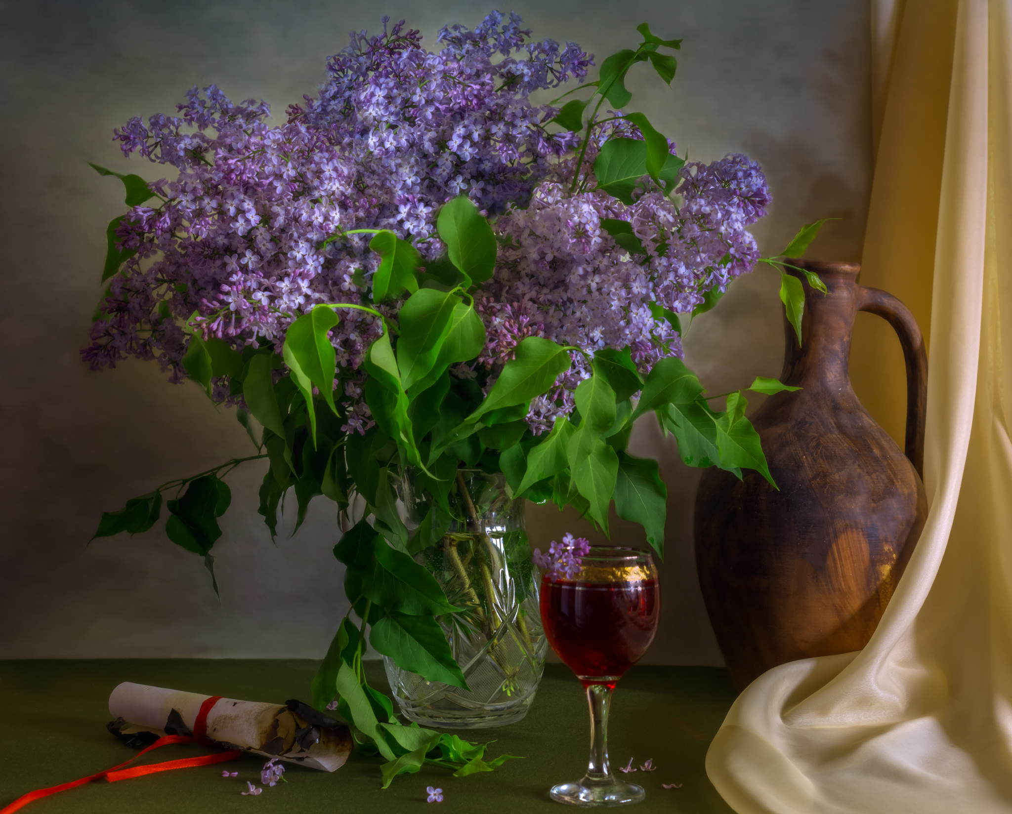 Disheveled bouquet of lilacs with a glass of red wine - My, Lilac, Wine, Jug, Still life