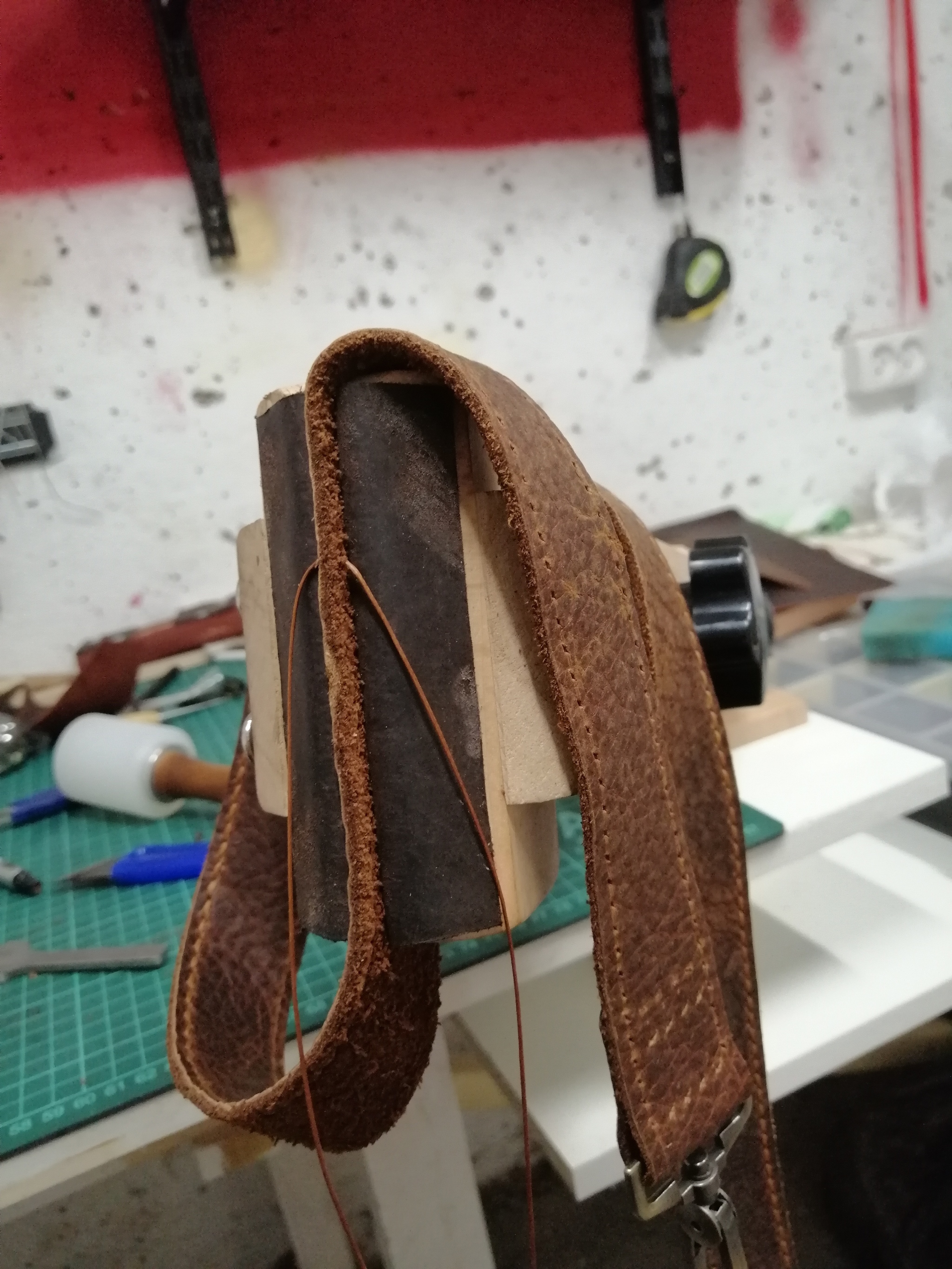 Men's bag, handmade, bison leather, crazy horse leather inserts - My, Handmade, Natural leather, Сумка, Longpost, Needlework with process