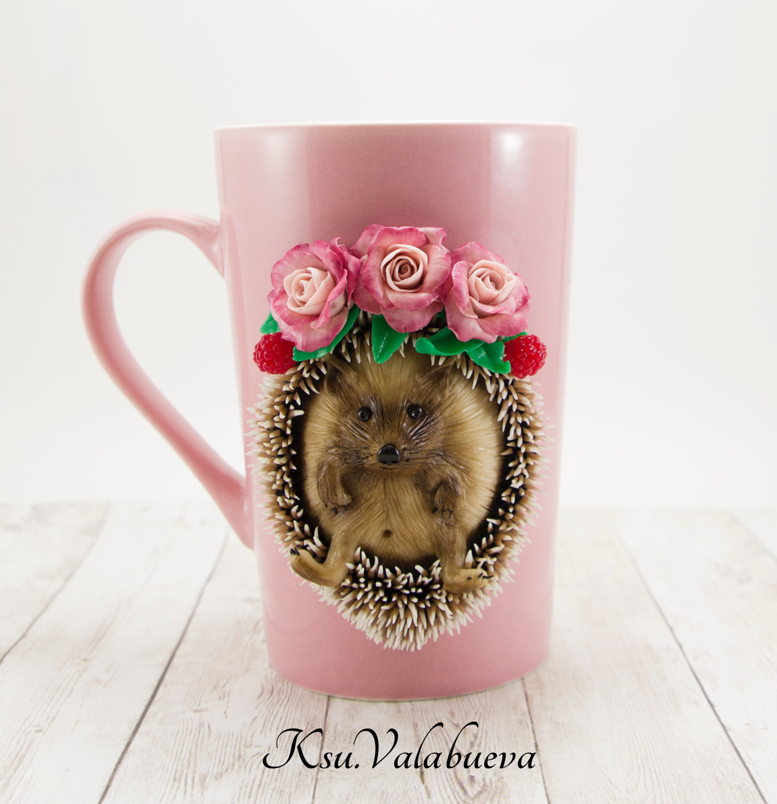 Hedgehog in flowers - My, Polymer clay, Hedgehog, Mug with decor, Кружки, the Rose, Needlework without process, Needlework, Handmade, Longpost