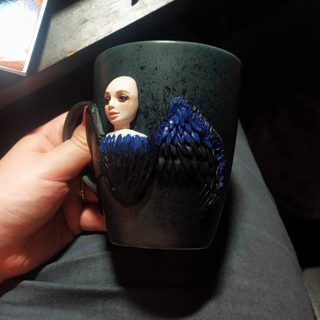 Almost a fairy - My, Polymer clay, Mug with decor, Bird Sirin, Harpy, Handmade, Needlework with process, Longpost