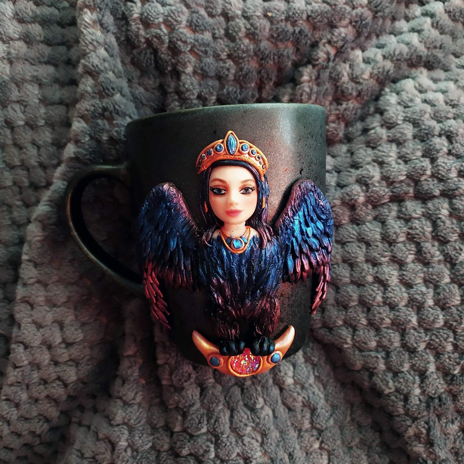 Almost a fairy - My, Polymer clay, Mug with decor, Bird Sirin, Harpy, Handmade, Needlework with process, Longpost