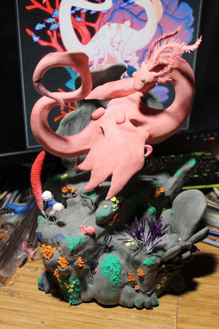 Axolotl Reef - My, The Dragon, Handmade, Axolotl, Polymer clay, Needlework with process, Creation, Concept, Sculpture, Longpost