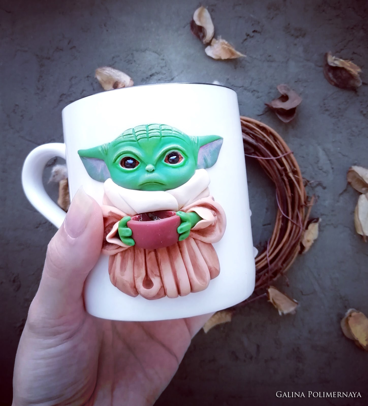 Baby Yoda on a mug - My, Mandalorian, Кружки, Needlework without process, Handmade, Polymer clay, Лепка, Longpost, Grogu, Mug with decor