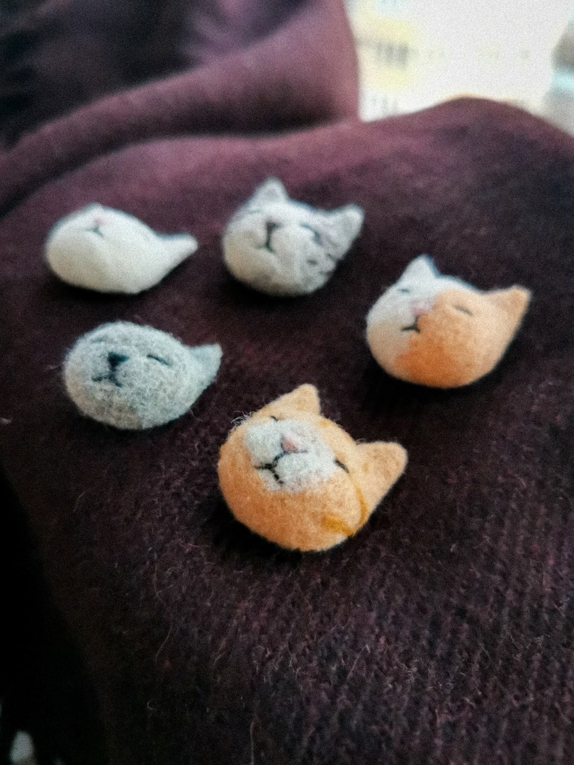 Mini cat brooches made of wool - My, Wool, Felt, Dry felting, Needlework without process, Longpost