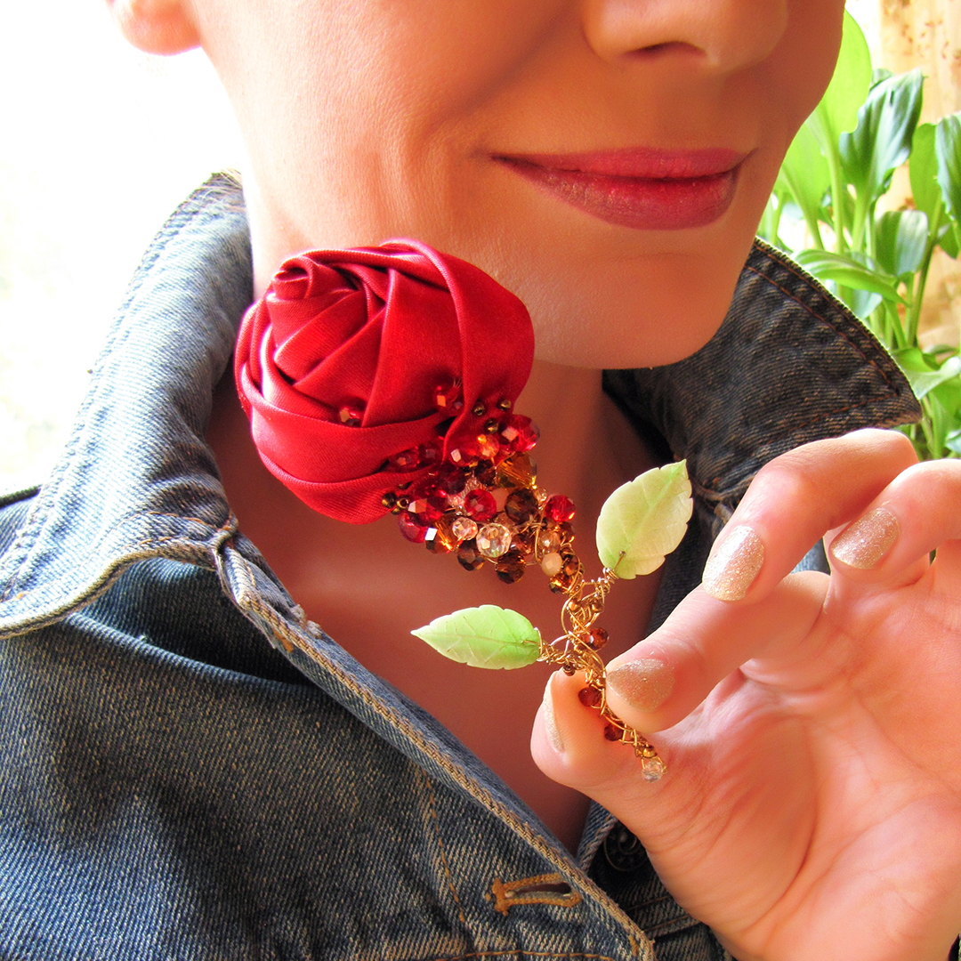 Brooch in the form of a red rose - My, Brooch, Decoration, With your own hands, Needlework without process, Handmade, Longpost, the Rose, Polymer clay