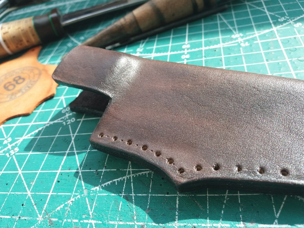 Knife sheath. My first - My, Needlework with process, Longpost, Leather products, Sheath