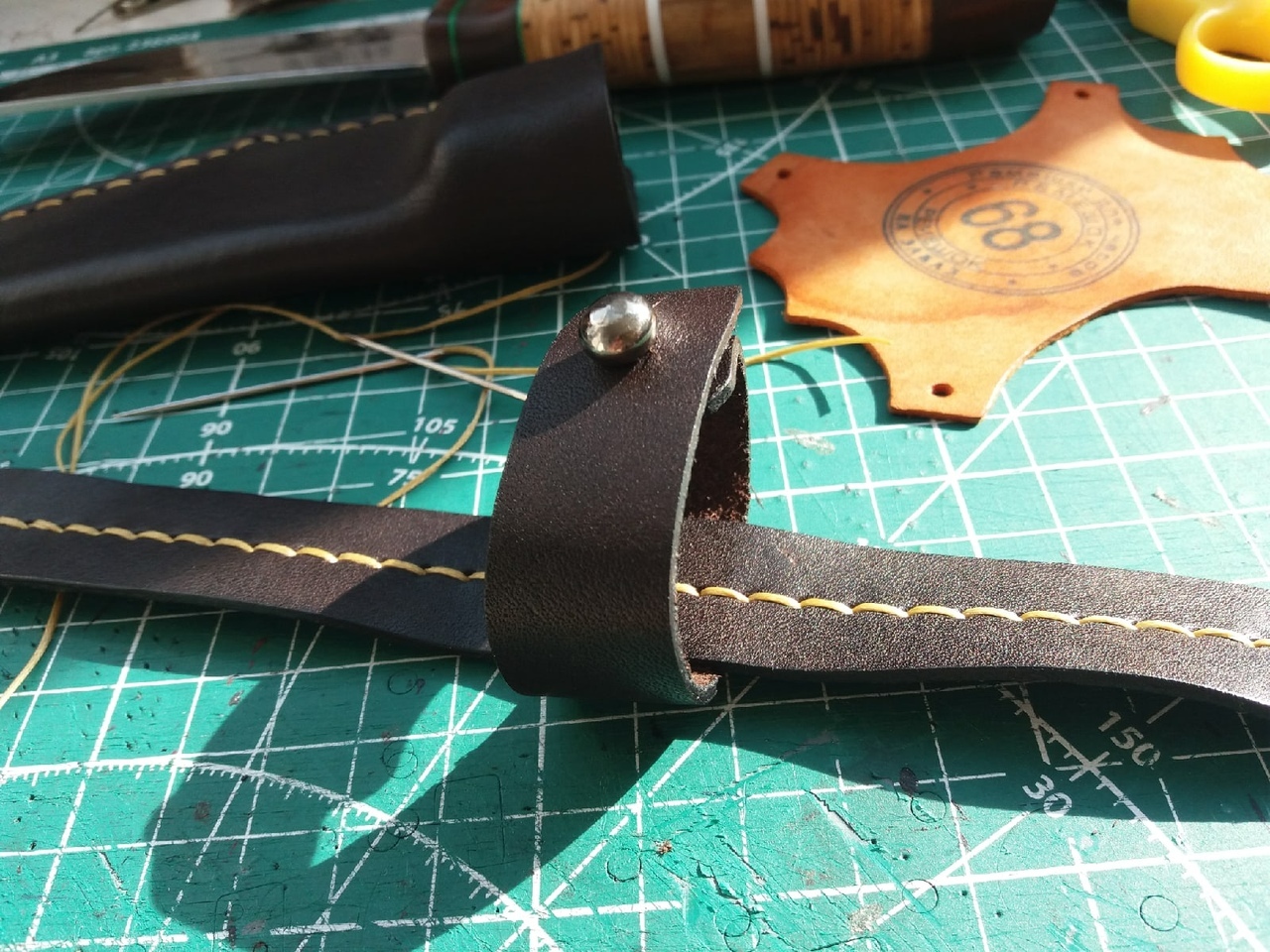 Knife sheath. My first - My, Needlework with process, Longpost, Leather products, Sheath