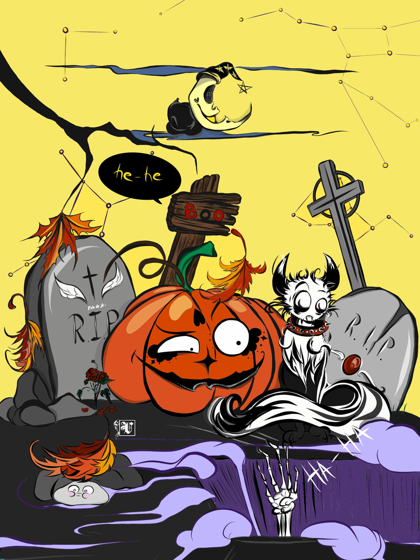 Halloween - My, Art, Illustrations, Pumpkin, cat, moon, Cemetery