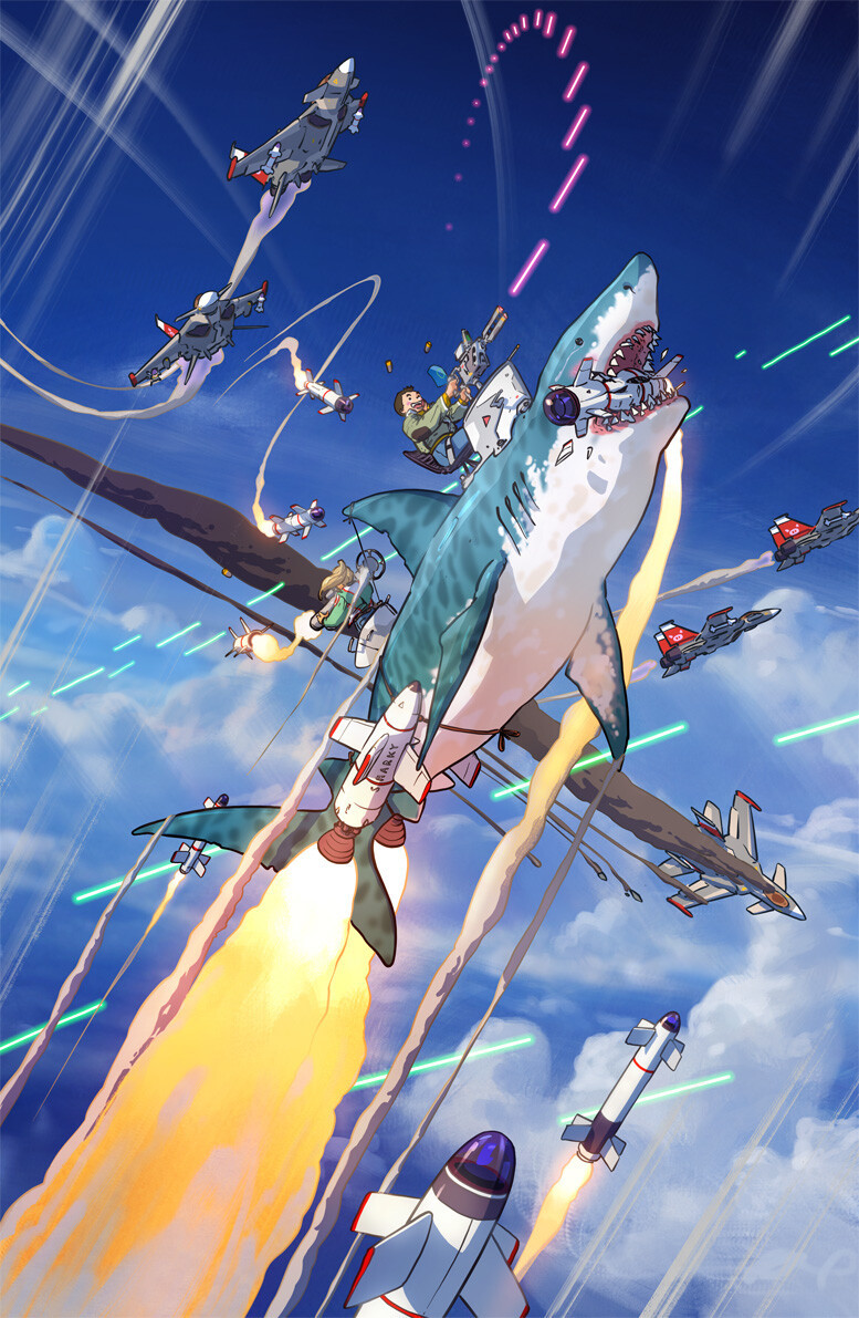 No time to explain! Hop on the shark and take on the dogfight! - Art, Shark, Rocket, Air battle, Fighter, Johannes Voss