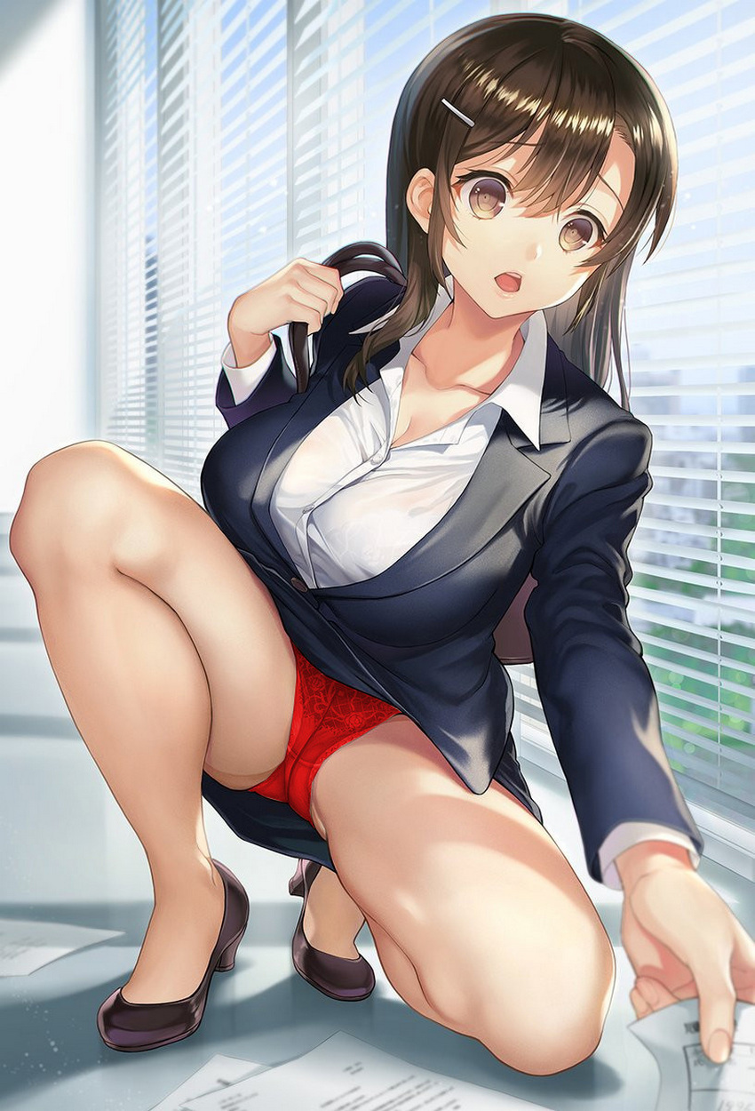 Dropped the documents - NSFW, Art, Anime art, Original character, Girls, Erotic, Underwear, Tights, Crotch, Longpost