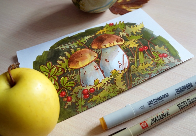 Another work with markers - My, Marker, Art, Mushrooms, Autumn, Drawing, Illustrations, Painting, Artist, Longpost