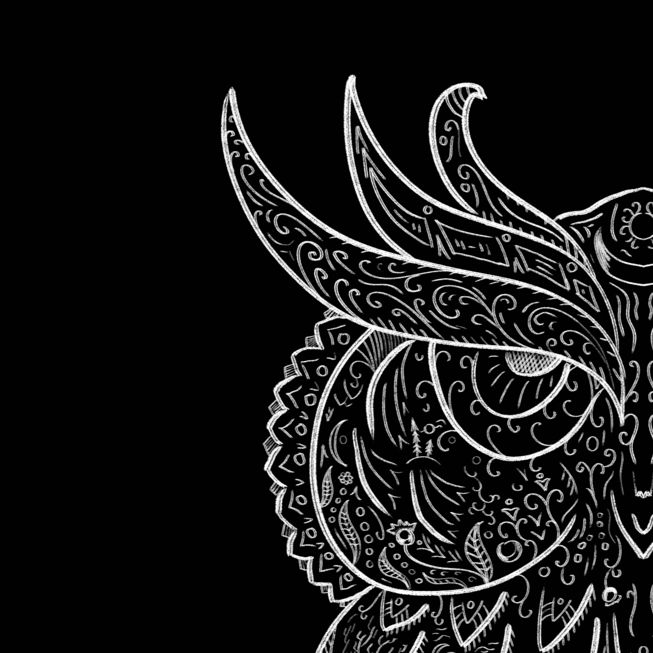 More patterns to God of patterns! - My, Owl, Elephants, Octopus, Illustrations, Digital drawing, Patterns, White on black, Longpost