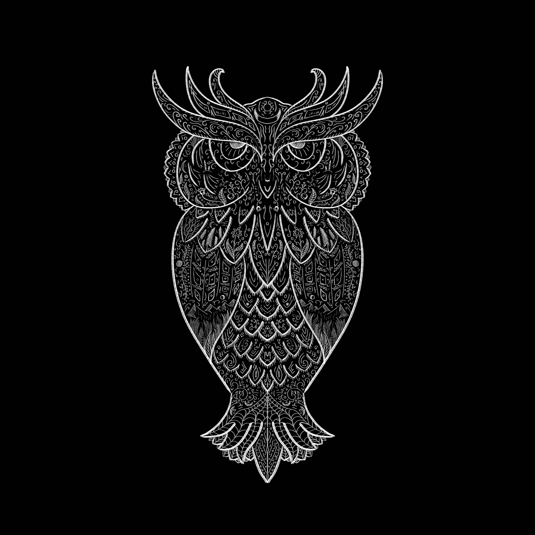 More patterns to God of patterns! - My, Owl, Elephants, Octopus, Illustrations, Digital drawing, Patterns, White on black, Longpost