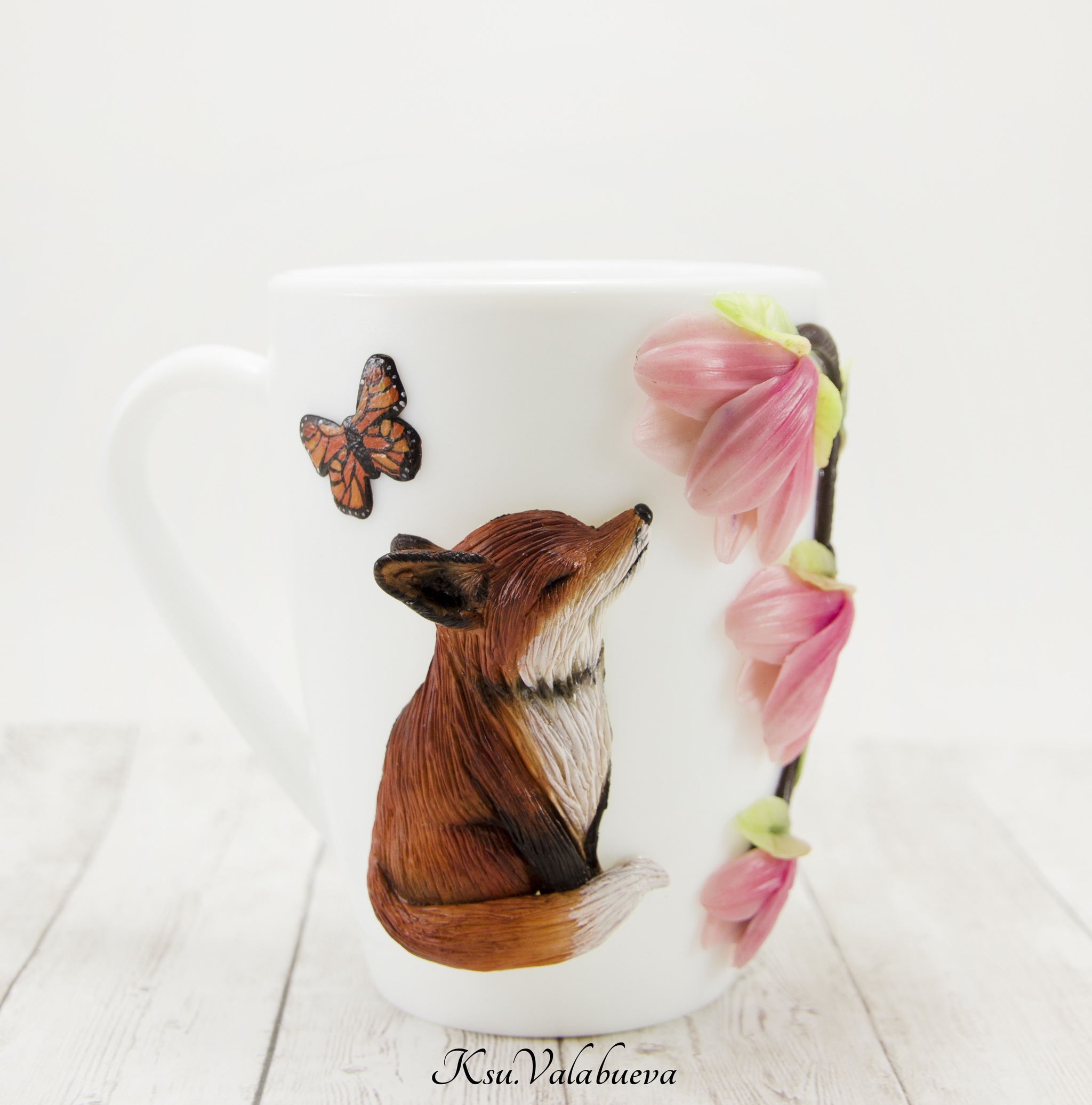 Fox and Magnolia - My, Polymer clay, Fox, Magnolia, Mug with decor, Кружки, Needlework without process, Needlework, Video, Longpost