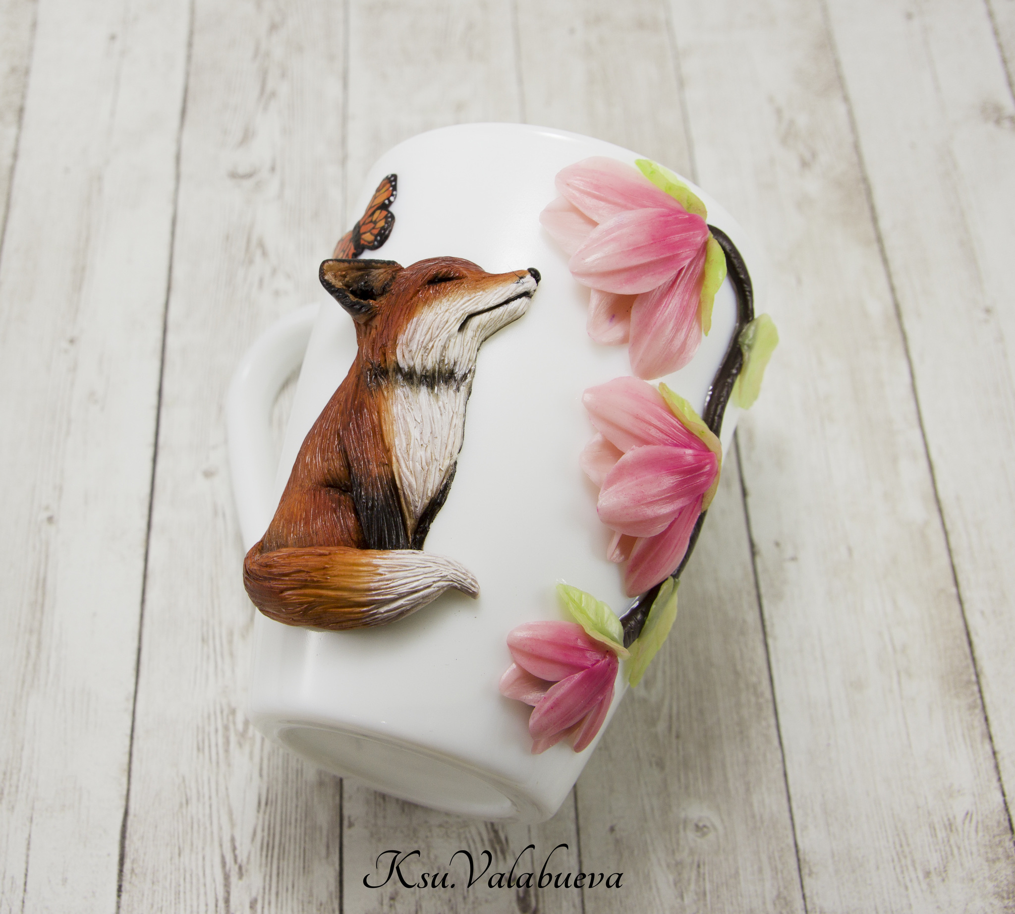 Fox and Magnolia - My, Polymer clay, Fox, Magnolia, Mug with decor, Кружки, Needlework without process, Needlework, Video, Longpost