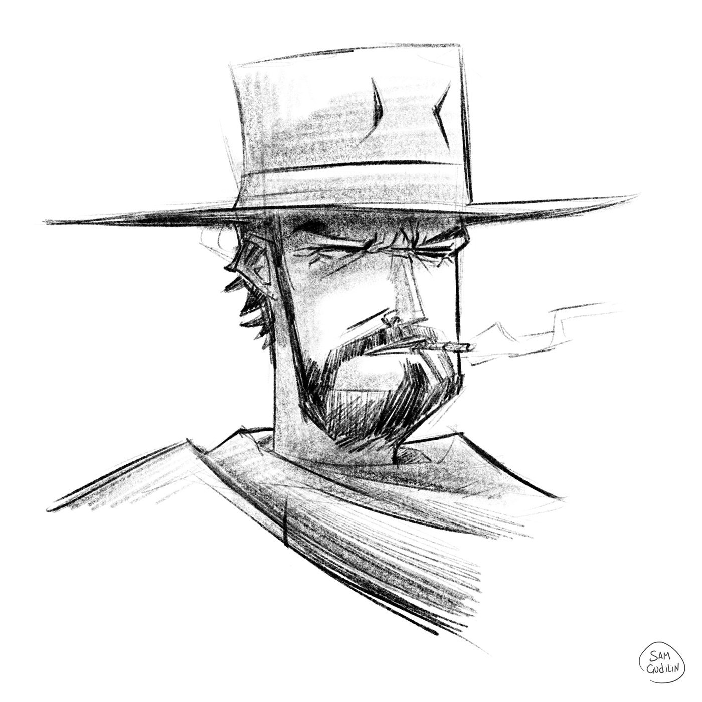 Man with no name - My, Samgudilin, Art, Sketch, Clint Eastwood, Cowboys, Western film