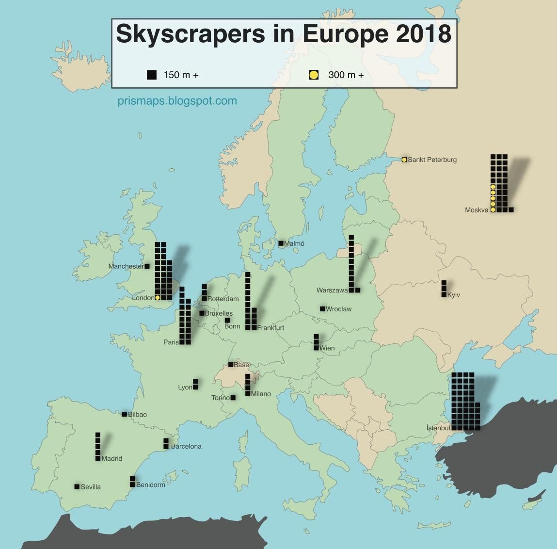 Количество небоскребов в городах Европы - Карты, Интересное, Небоскреб, Статистика