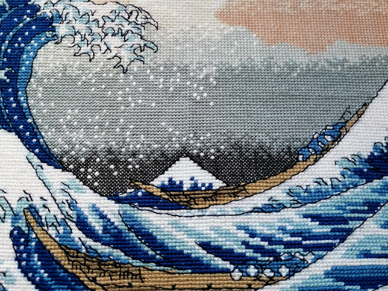 Great wave in Kanagawa - My, Needlework without process, Cross-stitch, Embroidery, Big Wave in Kanagawa, Wave, Longpost