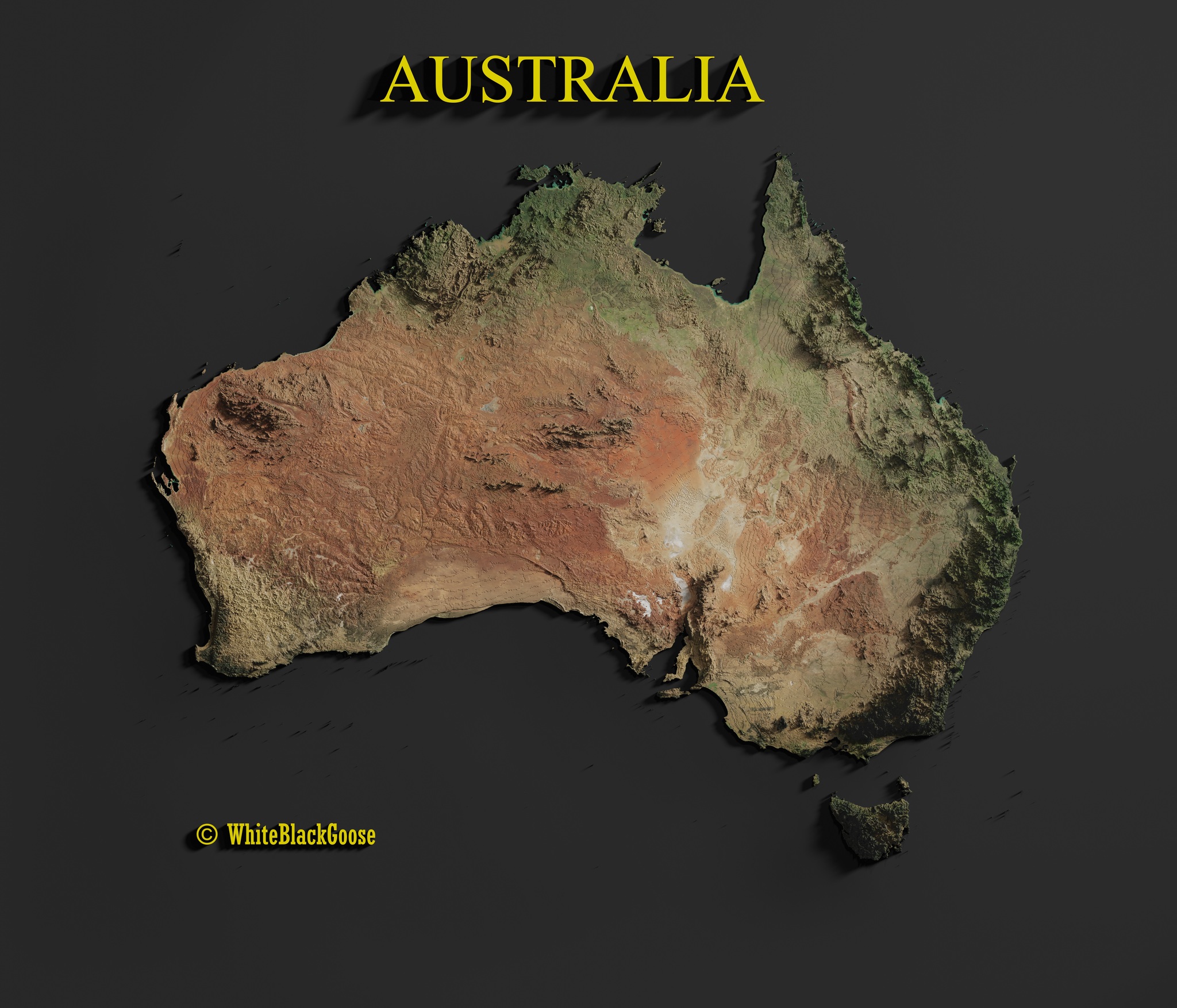 Relief map of Australia [7168x6144] - My, Cards, Render, Australia, Interesting, A high resolution, Art Card