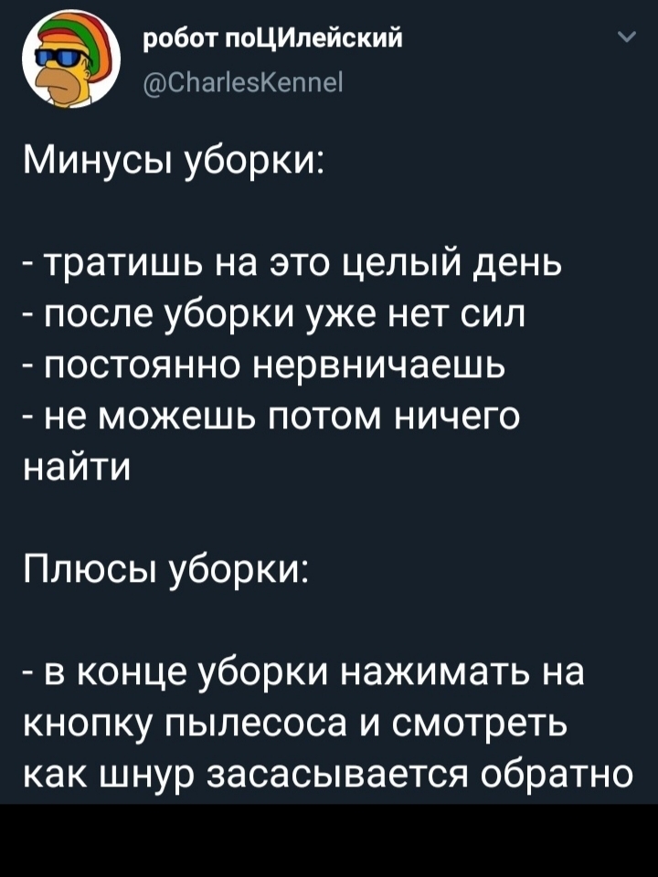 Минусы и плюсы уборки - Twitter, Скриншот, Уборка