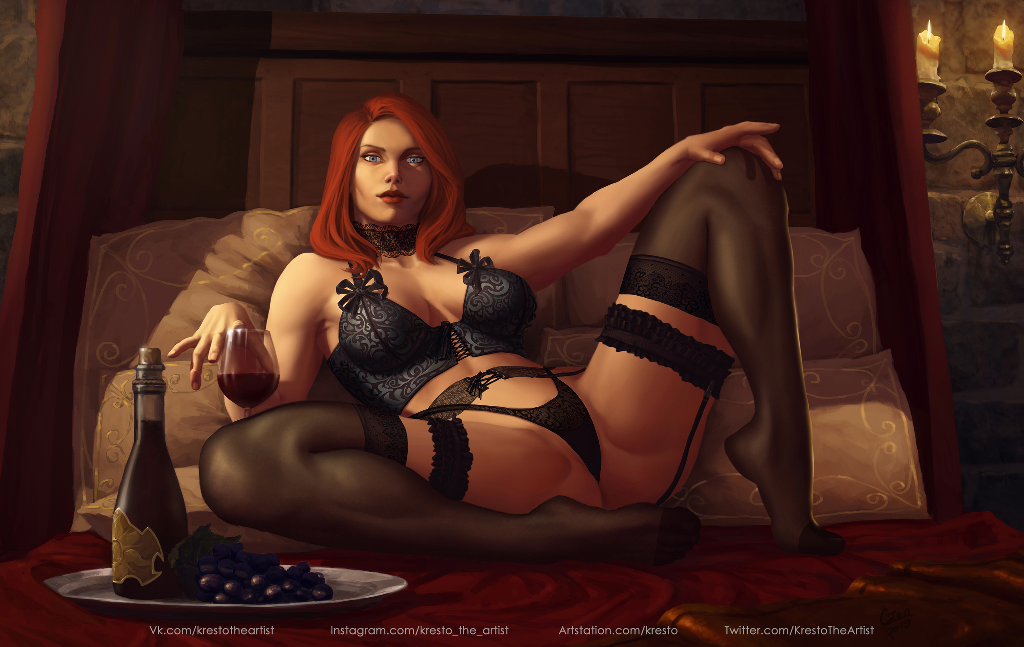 Mary - NSFW, Art, Girls, Erotic, Underwear, Stockings, Crotch, Bed, Kirill Stepanov