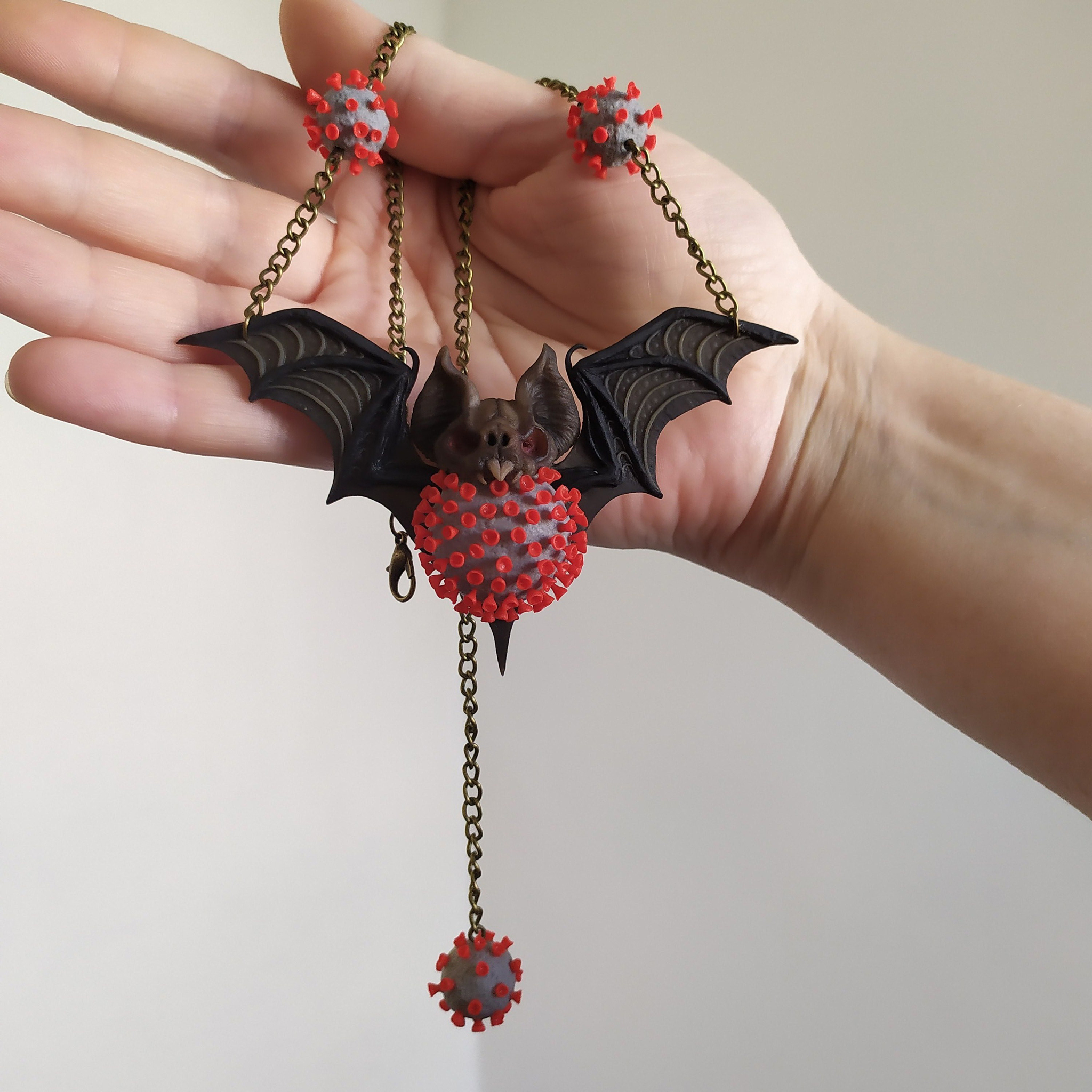 Necklace COVID-19 - My, Necklace, Polymer clay, Bat, Virus, Needlework without process, Decoration, Handmade, Longpost