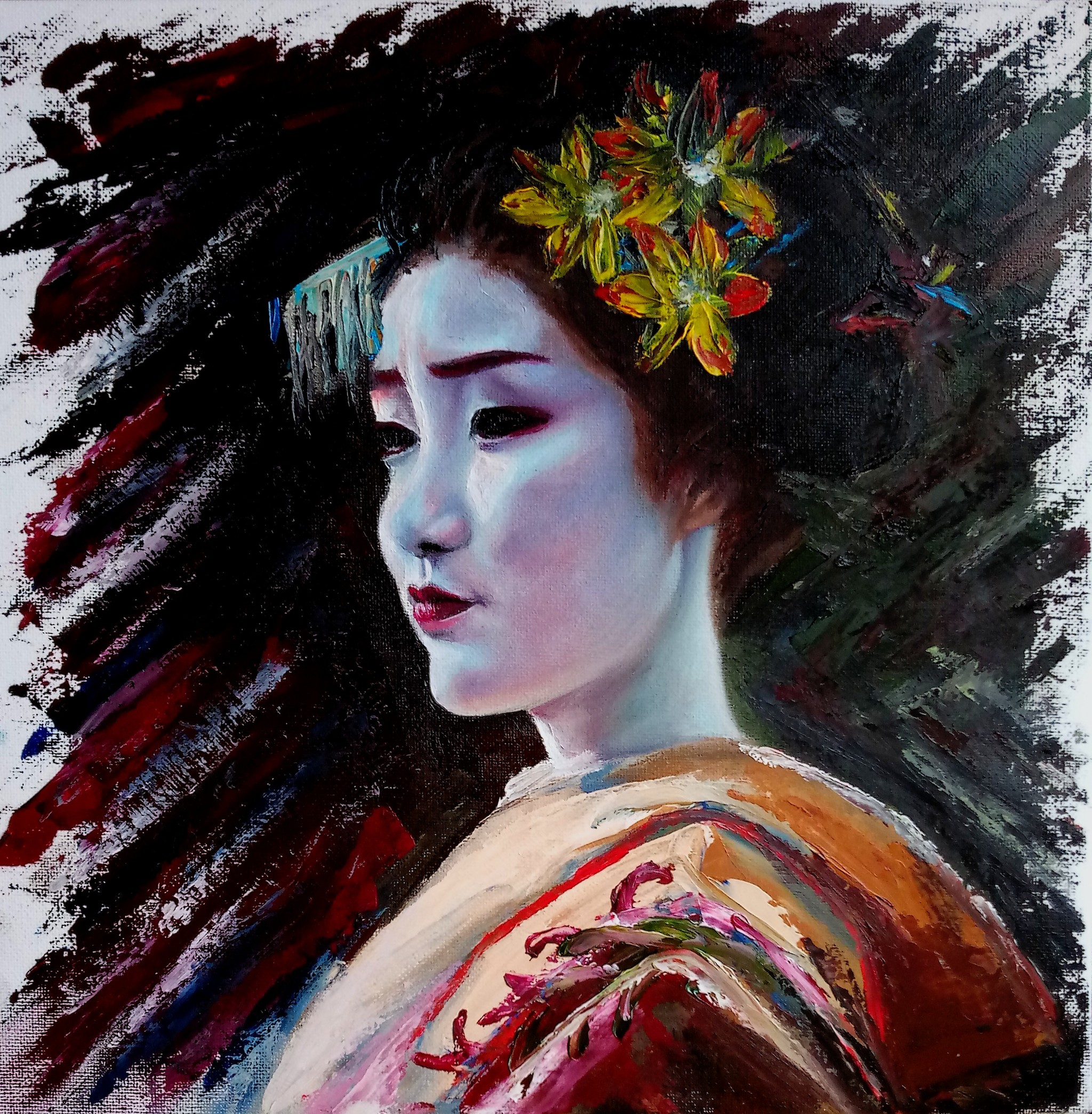 First oil painting - My, Portrait, Oil painting, Geisha, Drawing, Creation, Artist, Art, Illustrations, Longpost