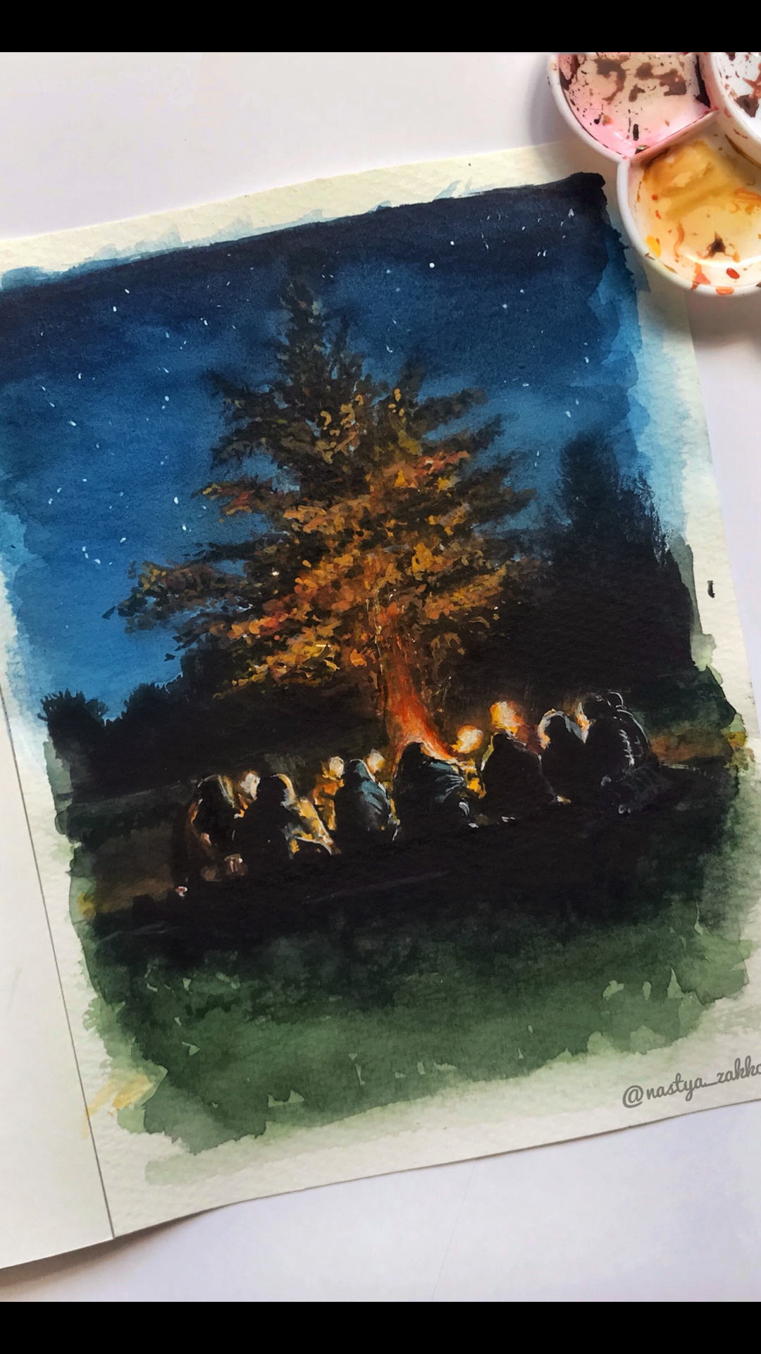 Campfire Stories - My, Watercolor, Forest, Drawing, Paint, Longpost