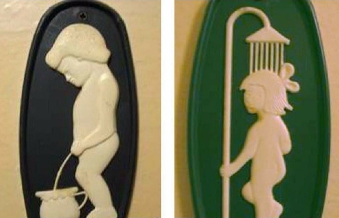 Women's toilet in men's. The Birth of Feminism - Men and women, Табличка