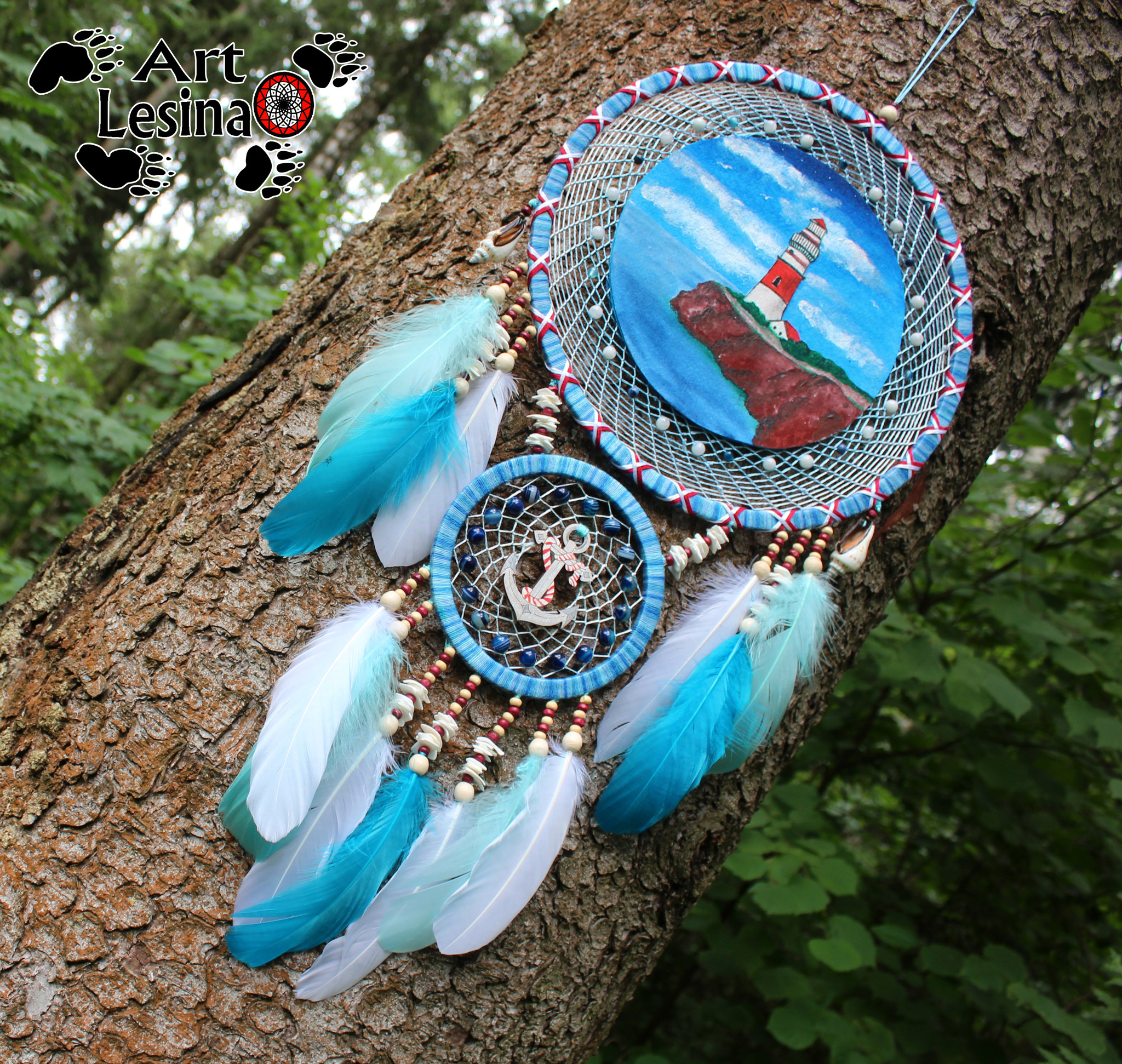 Dream catcher Lighthouse with moonstone, 66 cm - My, Dreamcatcher, Needlework without process, Needlework, Amulet, Indians, Longpost