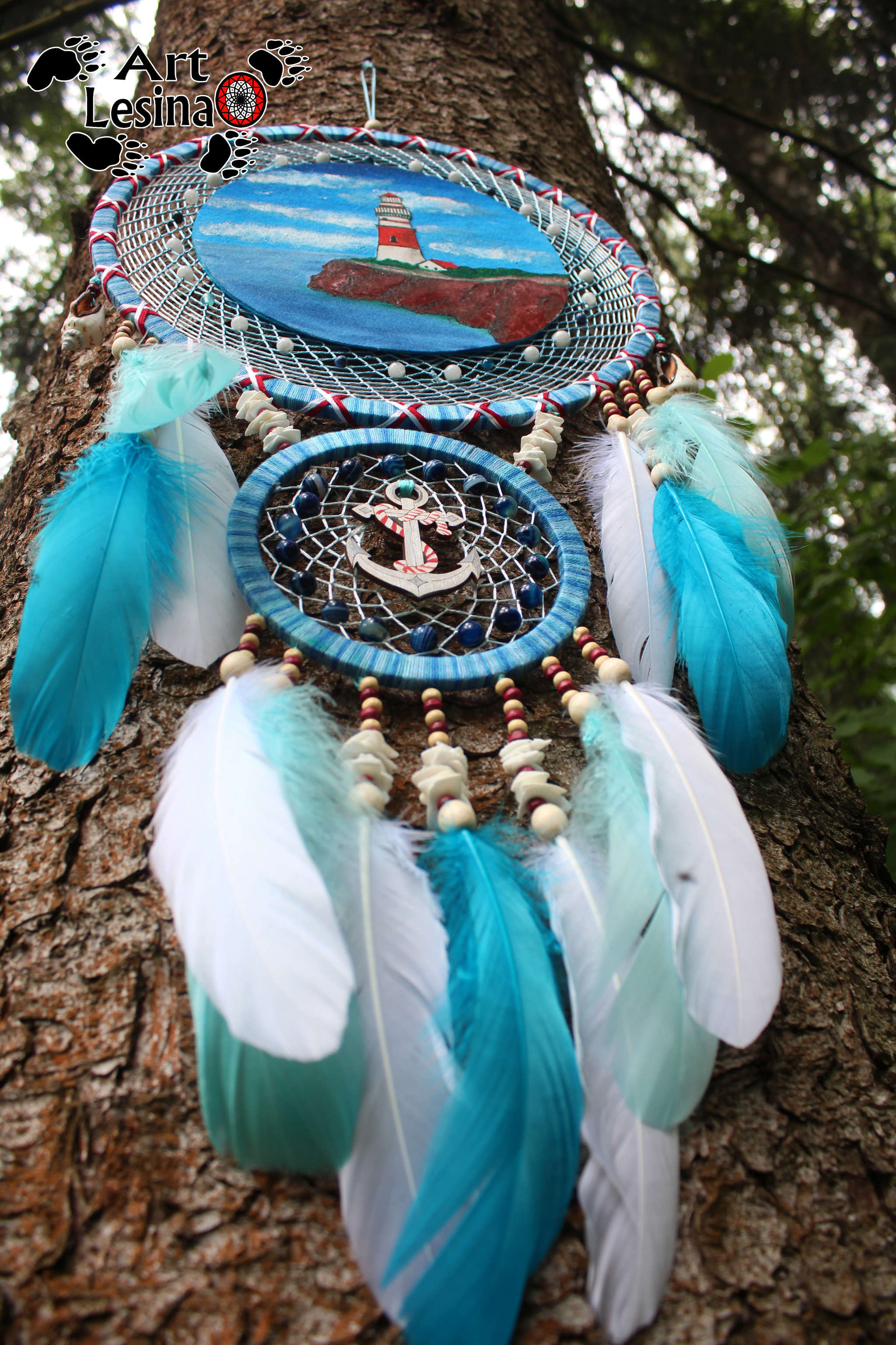 Dream catcher Lighthouse with moonstone, 66 cm - My, Dreamcatcher, Needlework without process, Needlework, Amulet, Indians, Longpost