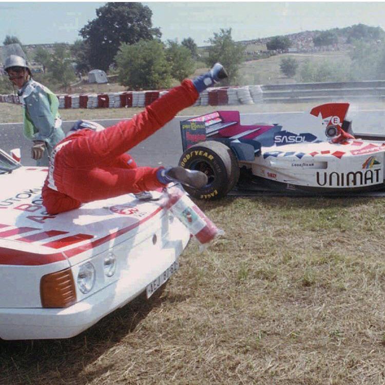 This day in history: 25 years ago at the Hungarian Grand Prix, a medical car drove into Formula 1 driver Taki Inoue as he ran to extinguish his car - The photo, Formula 1, Race, Ambulance, Road accident, Story, Racers, Auto, Video