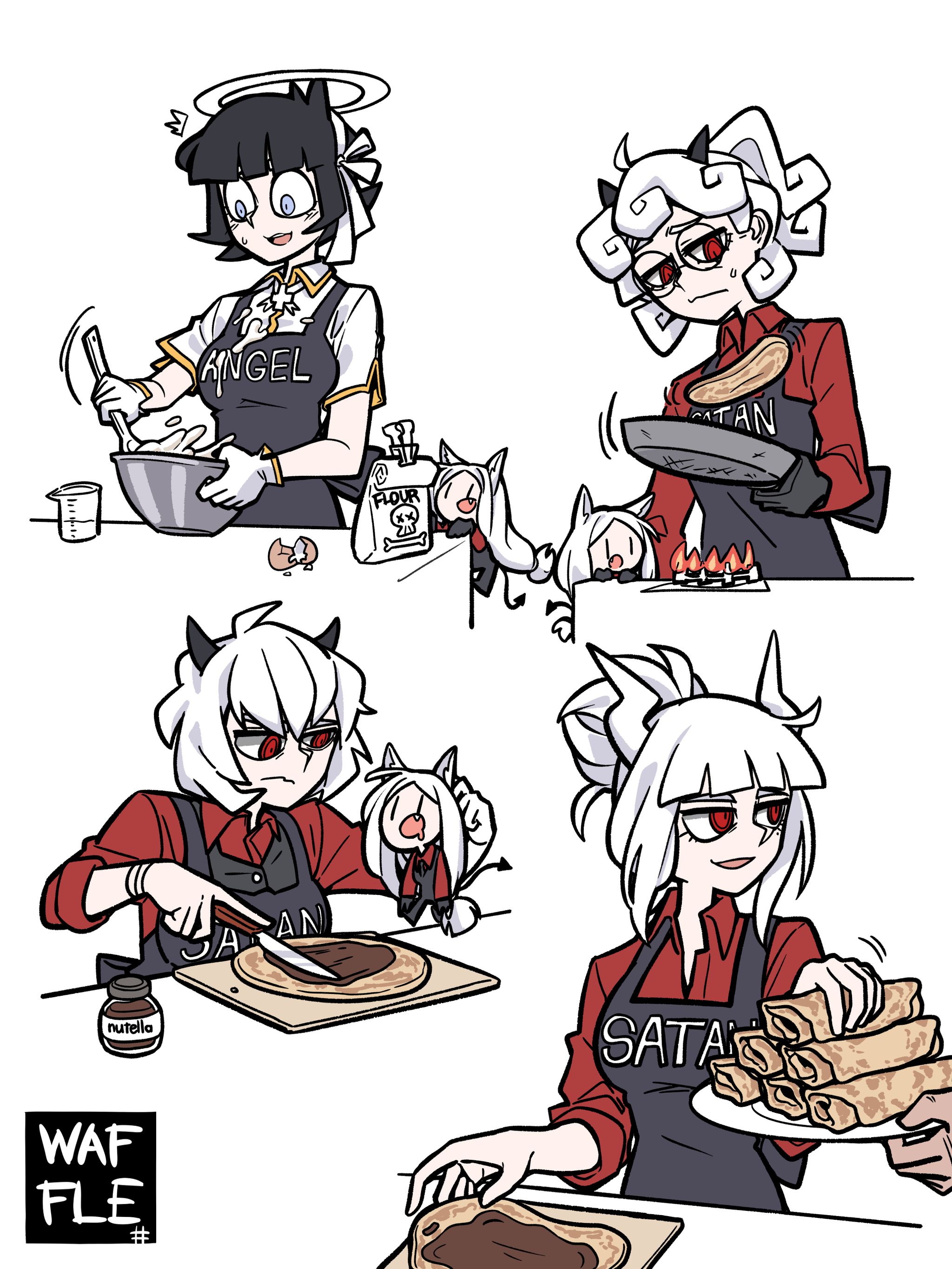 Making pancakes - Anime Art, Аниме, Helltaker, Pandemonica, Malina, Люцифер, Азазель, Цербер