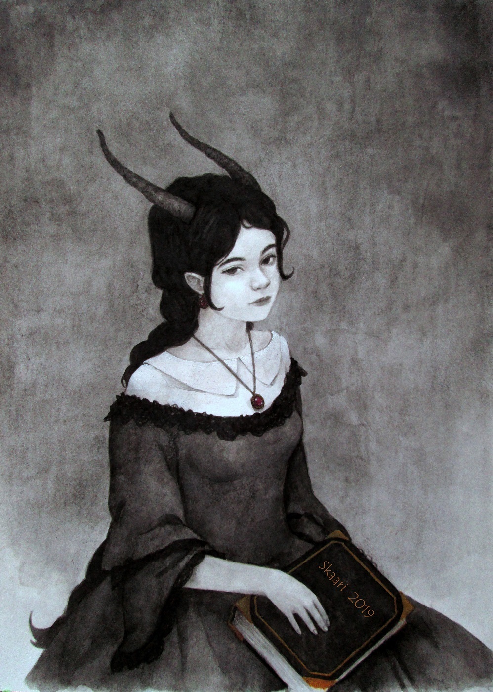 Girl with a book - My, Art, Art, Painting, Portrait, Horns, Girls, Fantasy, Black and white