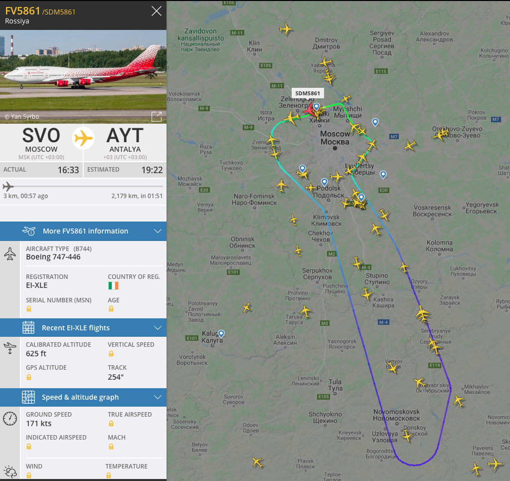 Рейс АК Россия в Анталию вернулся обратно - Шереметьево, Boeing 747, Flightradar24